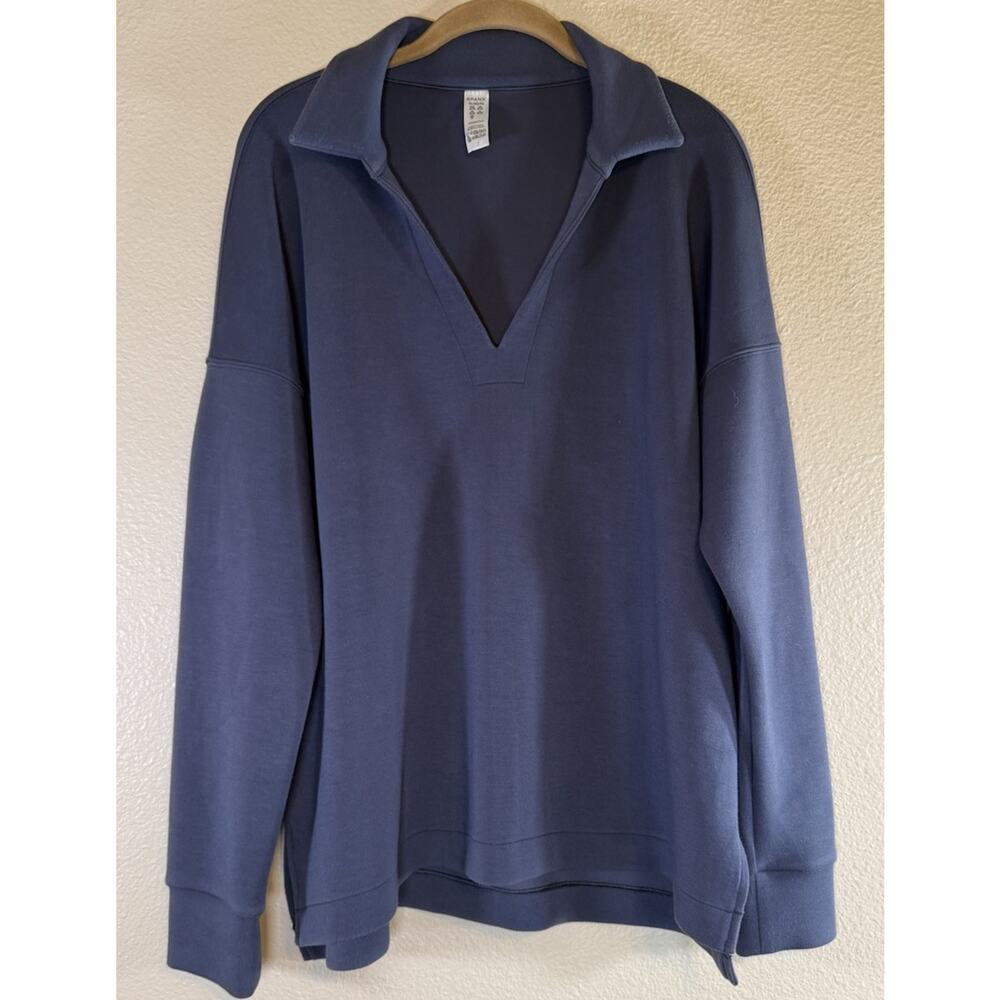 SPANX Air Essential XL Polo V Neck LS Soft Sweatshirt Pullover Top Blue